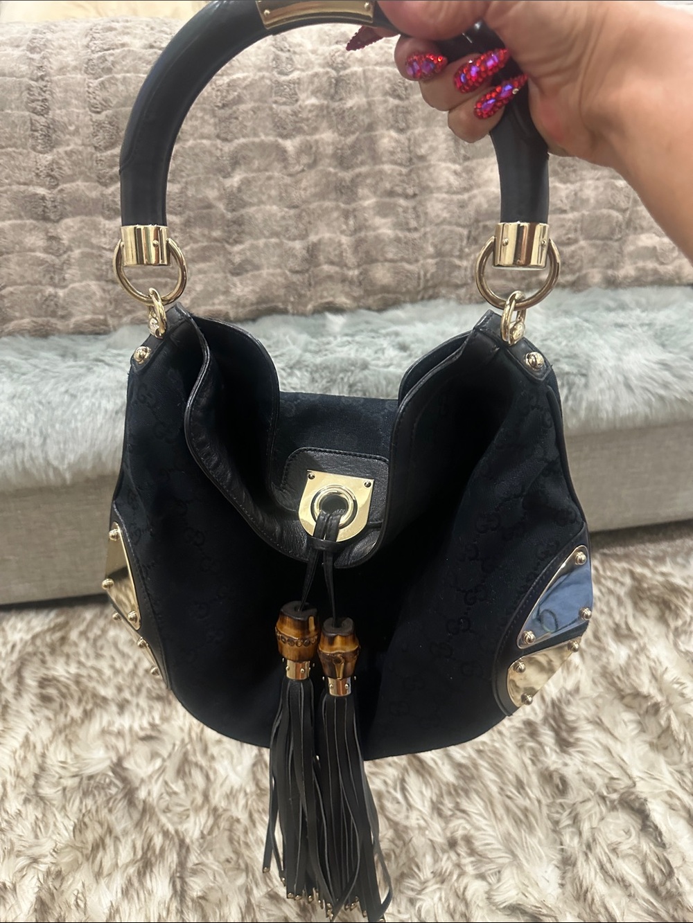 GUCCI Black Tassel Hobo Shoulder Bag W/embossed GG canvas & Gold Hardware